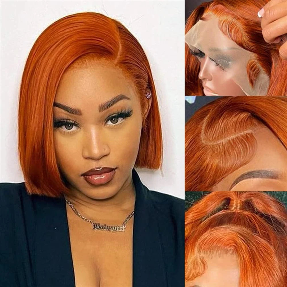 Vietnamese Straight Bob 100% Human Hair Ginger Orange Colored 13x4 Full Lace Frontal Double Drawn Bob Wigs Lace Front For Women