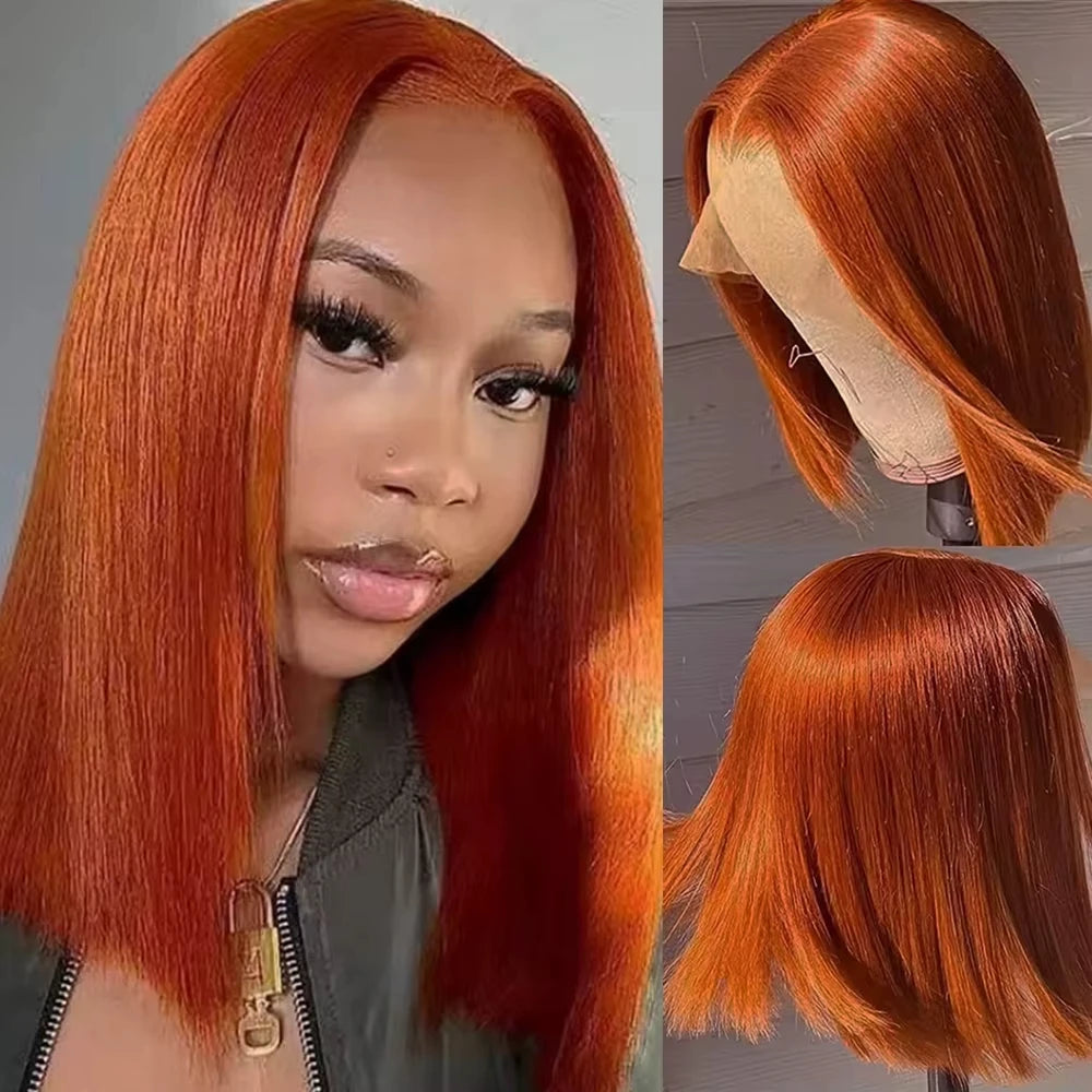 Vietnamese Straight Bob 100% Human Hair Ginger Orange Colored 13x4 Full Lace Frontal Double Drawn Bob Wigs Lace Front For Women