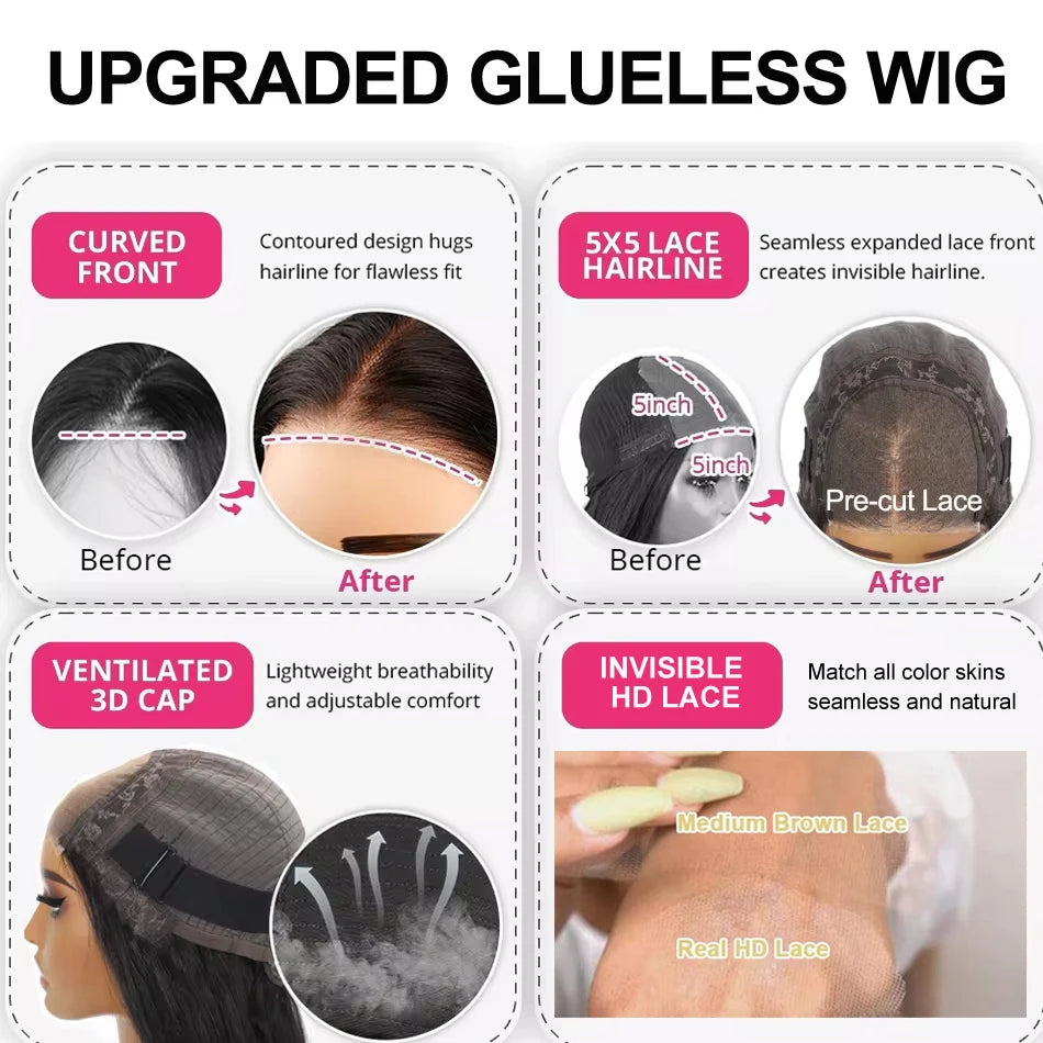 Kinky Straight Human Hair Wigs 360 HD Frontal Lace Wig and  5x5 Glueless Lace Closure