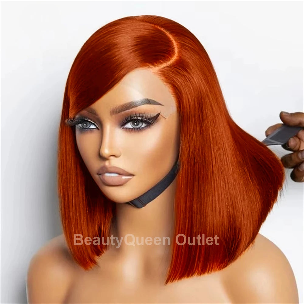 Vietnamese Bob Straight Ginger Orange Lace Frontal Wig Double drawn