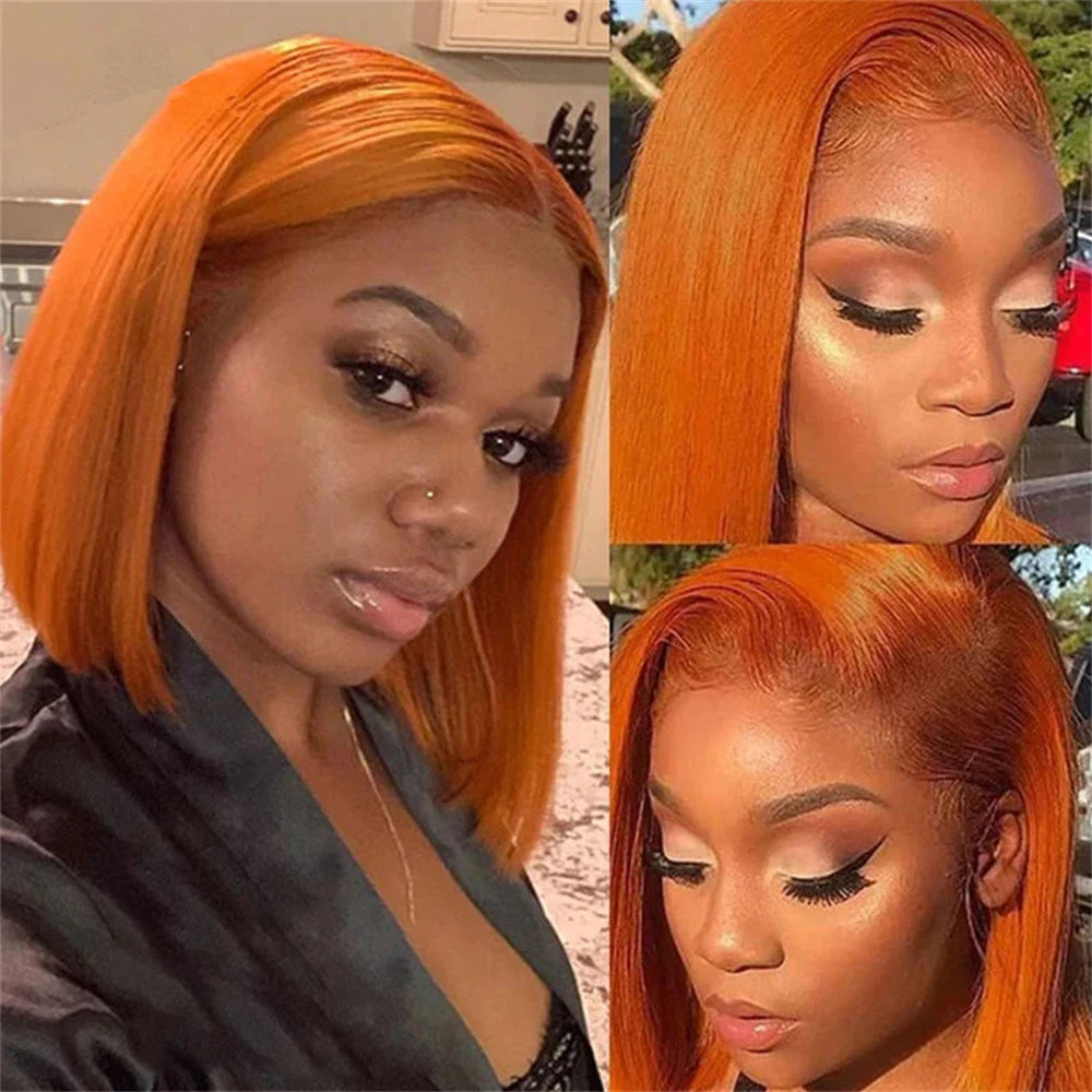 Vietnamese Straight Bob 100% Human Hair Ginger Orange Colored 13x4 Full Lace Frontal Double Drawn Bob Wigs Lace Front For Women