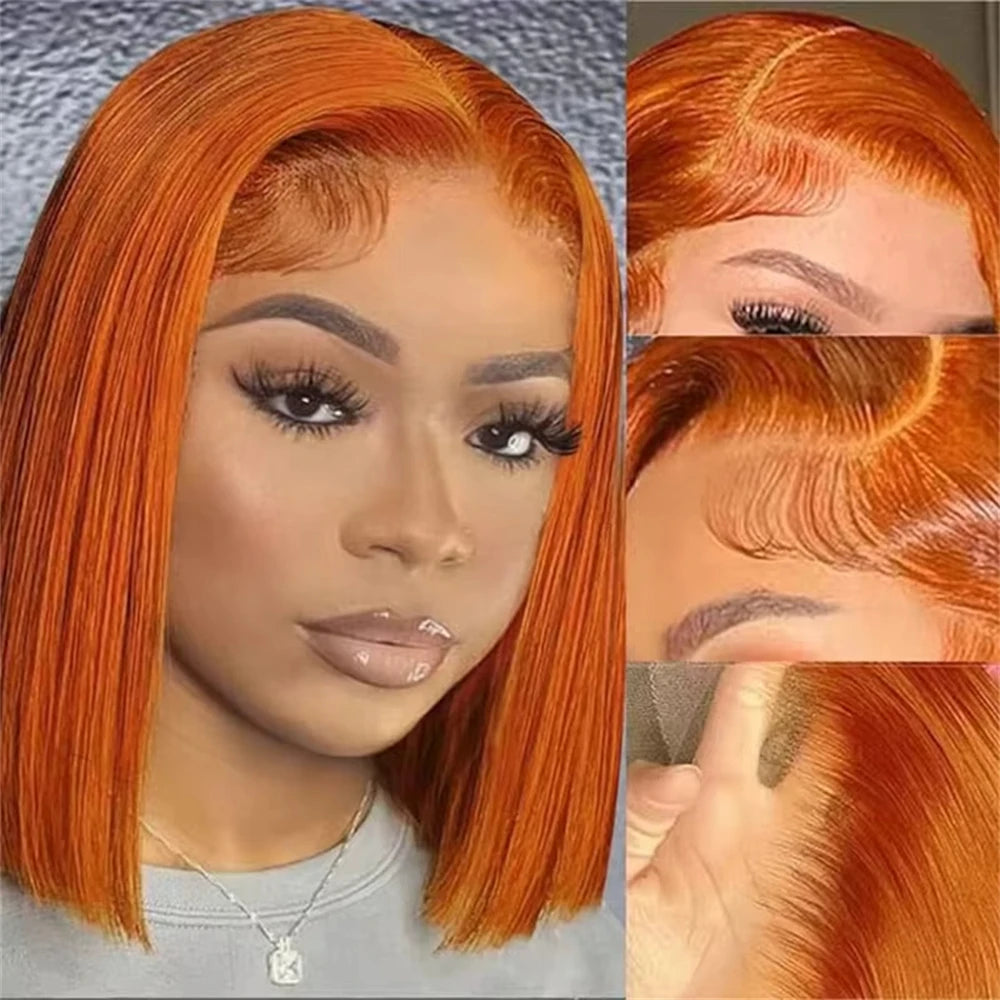 Vietnamese Straight Bob 100% Human Hair Ginger Orange Colored 13x4 Full Lace Frontal Double Drawn Bob Wigs Lace Front For Women