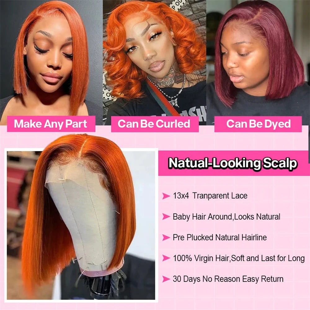 Vietnamese Straight Bob 100% Human Hair Ginger Orange Colored 13x4 Full Lace Frontal Double Drawn Bob Wigs Lace Front For Women