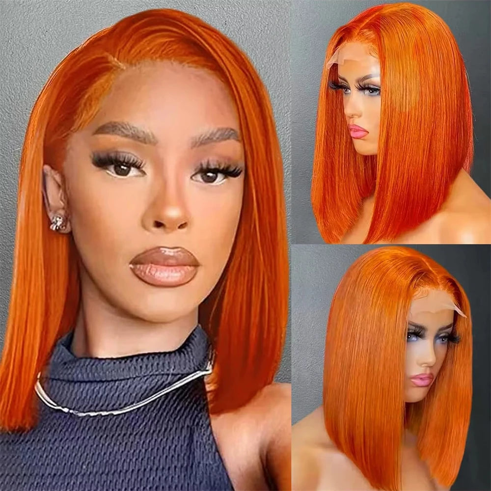 Vietnamese Bob Straight Ginger Orange Lace Frontal Wig Double drawn