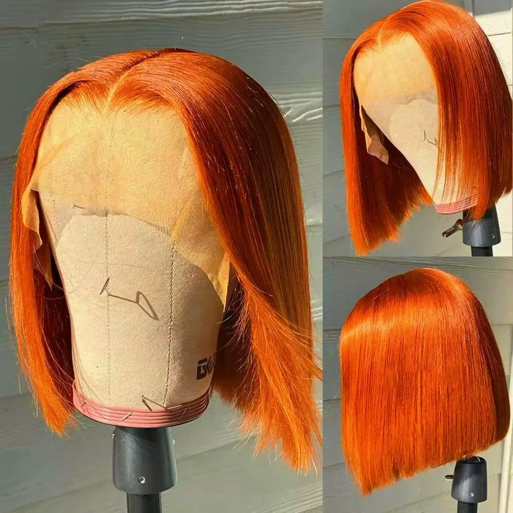 Vietnamese Bob Straight Ginger Orange Lace Frontal Wig Double drawn