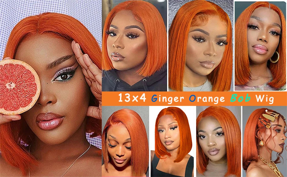Vietnamese Straight Bob 100% Human Hair Ginger Orange Colored 13x4 Full Lace Frontal Double Drawn Bob Wigs Lace Front For Women