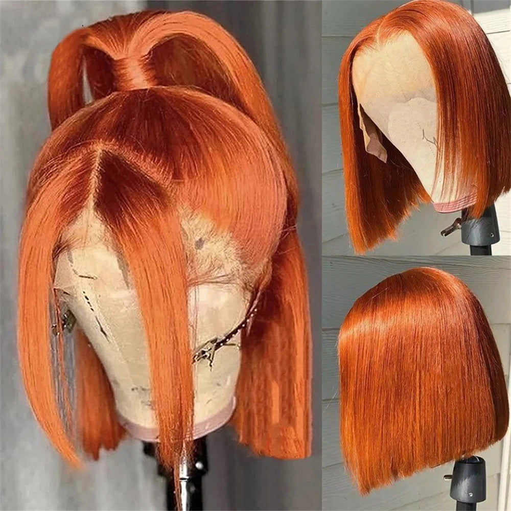 Vietnamese Straight Bob 100% Human Hair Ginger Orange Colored 13x4 Full Lace Frontal Double Drawn Bob Wigs Lace Front For Women