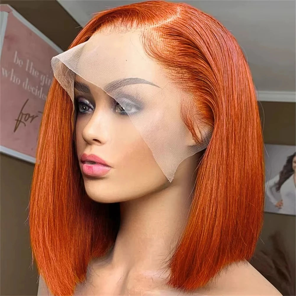 Vietnamese Bob Straight Ginger Orange Lace Frontal Wig Double drawn