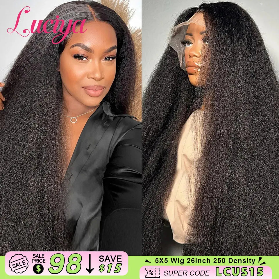Kinky Straight Human Hair Wigs 360 HD Frontal Lace Wig and  5x5 Glueless Lace Closure